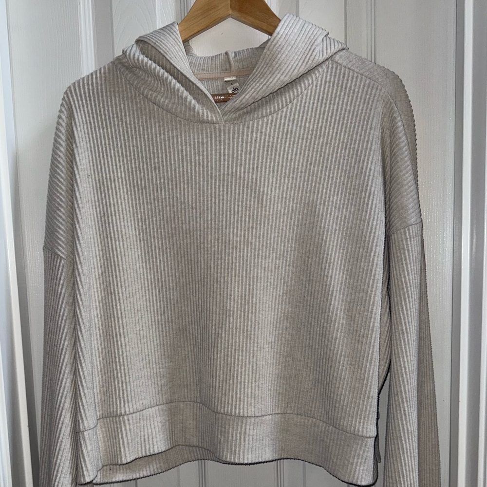 ALO Yoga Muse Hoodie Ribbed Knit Sz L Long Sleeve Athletic Comfy Oversized Grey